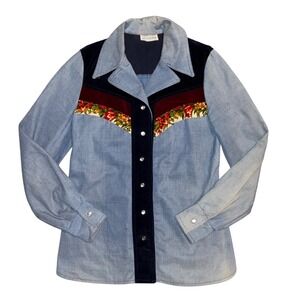 Vintage Modern Juniors Western Shirt Floral Velvet Denim Snap Front 70s Blue
